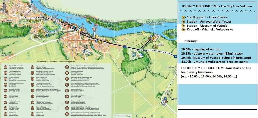 A map of Vukovar with a marked route for the Eco City Tour. 2