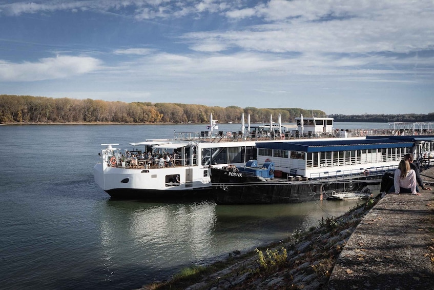 A riverboat docked at a pier with people on board and a woman sitting on the dock. 5
