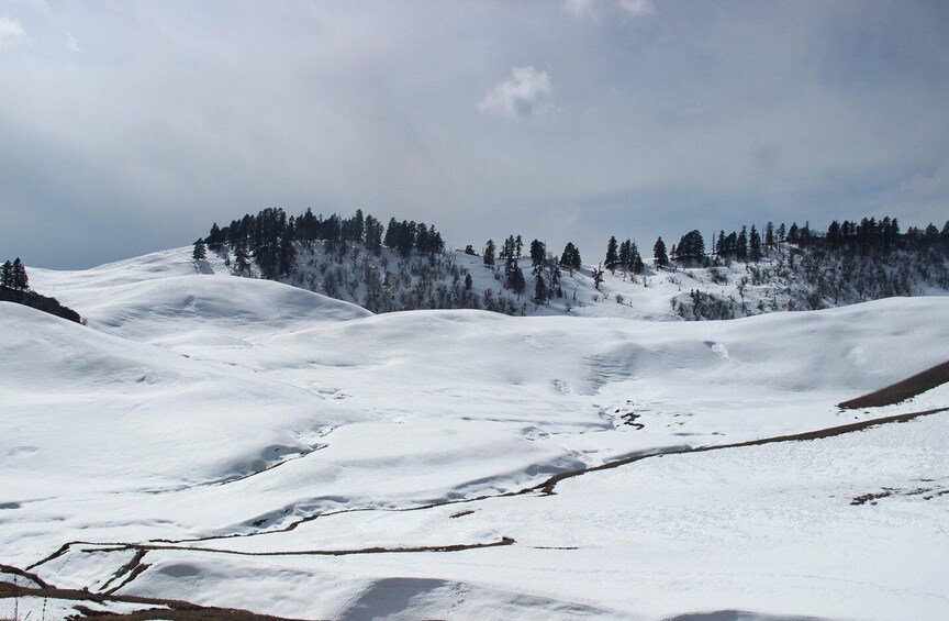 A snow-covered mountainous landscape with a forested ridge in the background. 5