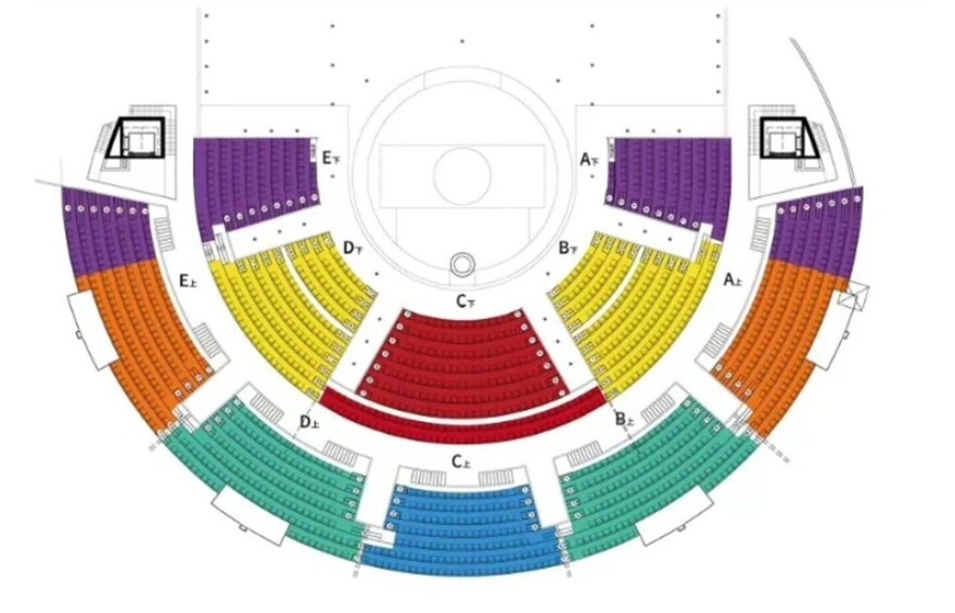 A stadium seating layout with multiple colored sections labeled E, F, G, and H. 5