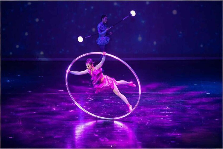 A performer in a pink costume executing a hoop trick on a stage with a blue background and spotlights. 3