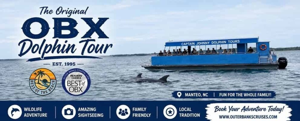 A blue boat with 'Captain Johnny Dolphin Tours' written on it, surrounded by water and dolphins. 1