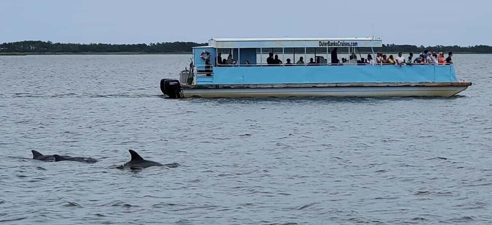 A boat with people on it and two sharks swimming nearby. 5