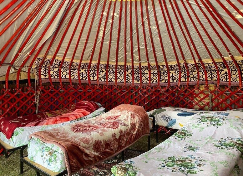 A traditional yurt with two beds covered in floral bedding. 5