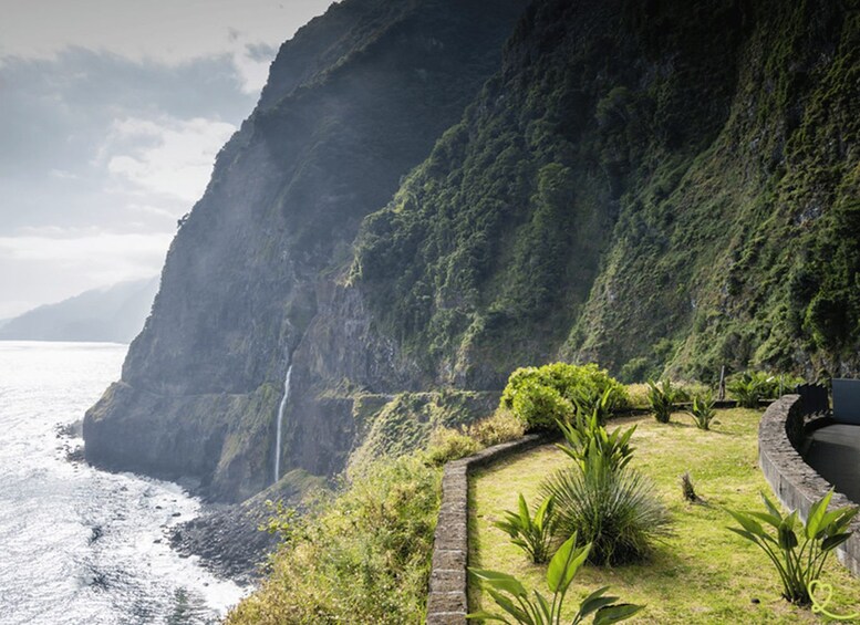 A coastal landscape with a steep cliff, a waterfall, and a garden with plants and a brick pathway. 3