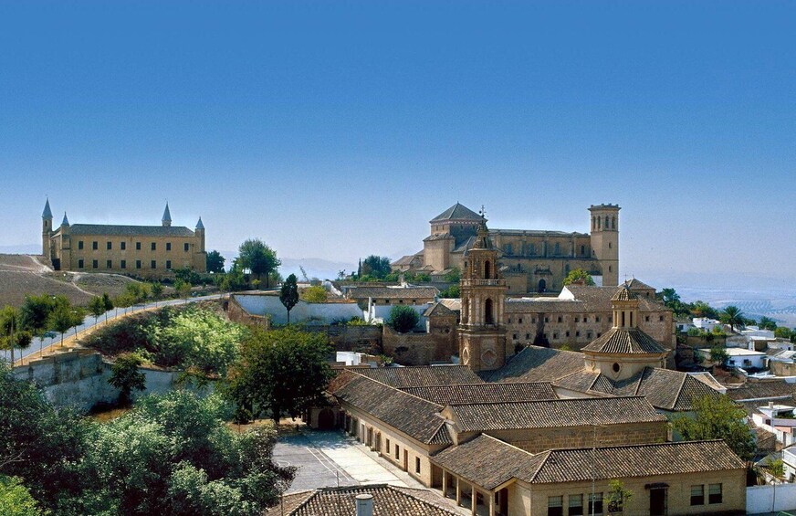 A historic town with a prominent church, a castle, and terraced buildings. 5