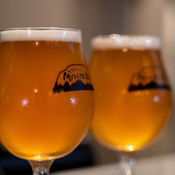 Two glasses of beer with a mountain logo. 2
