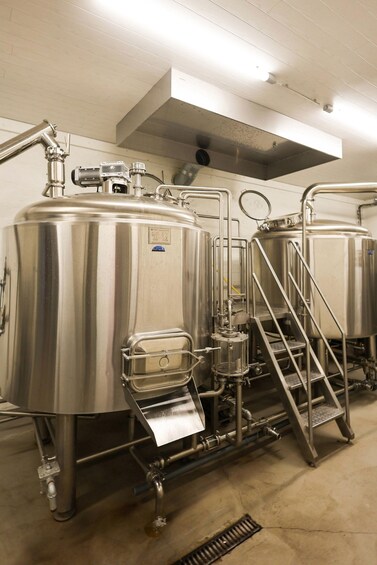 Stainless steel brewing tanks with a ladder and a vent hood in a clean, industrial setting. 5