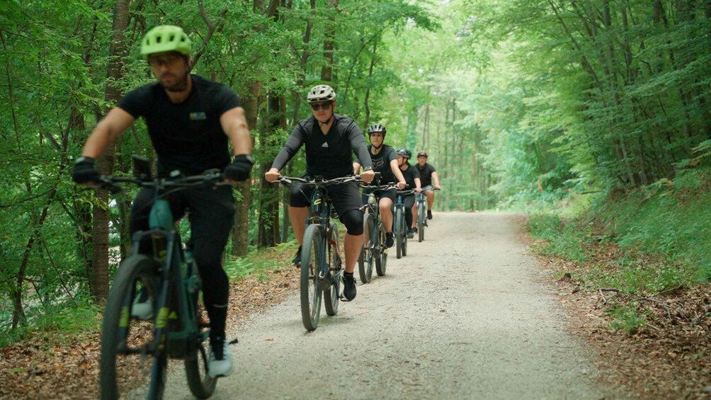 A group of cyclists on a forest trail. 1