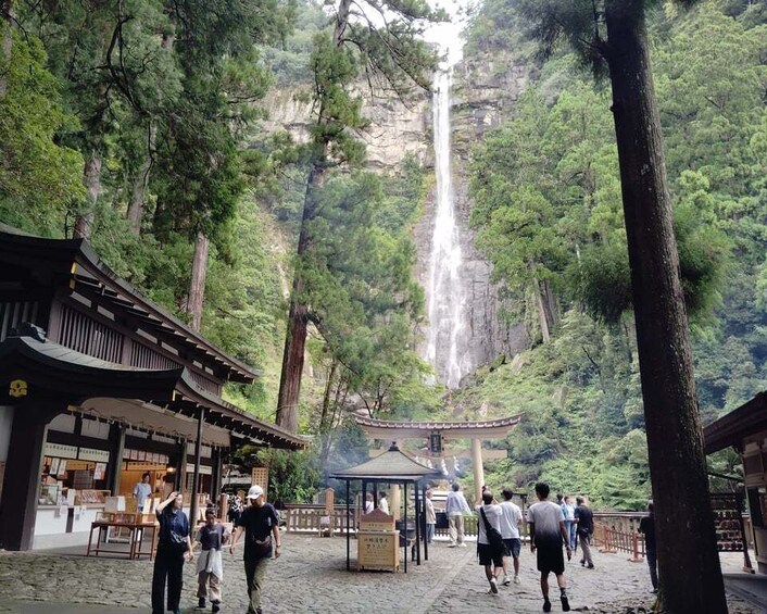 A waterfall, traditional architecture, and a forested area. 5