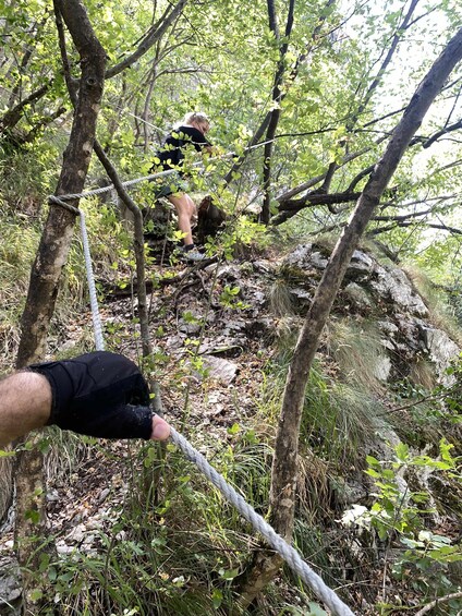 A person hiking on a rope bridge in a forested area with trees and rocky terrain. 5