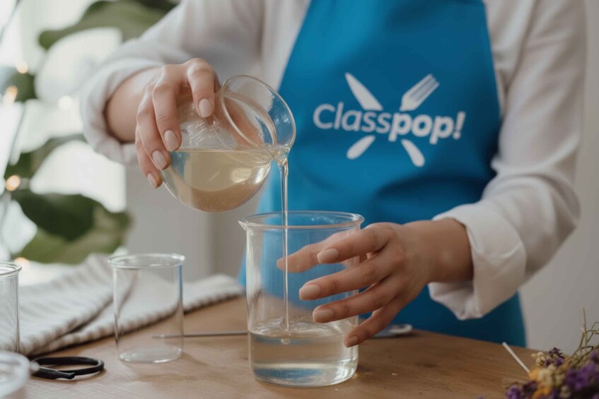 A person in a blue apron pouring a liquid into a clear glass. 4