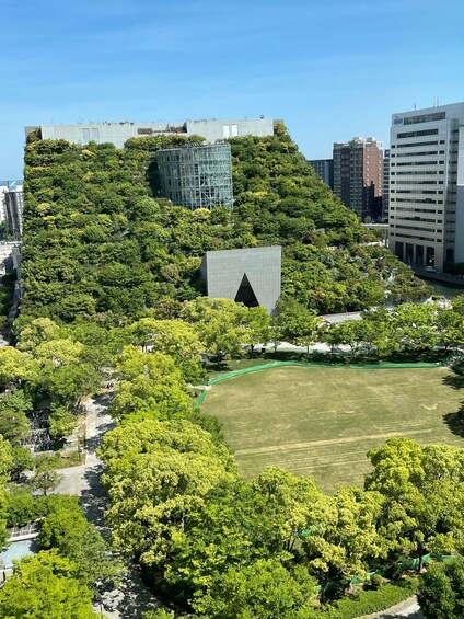 A cityscape with a prominent building with a unique triangular design surrounded by lush greenery and a large open field. 1
