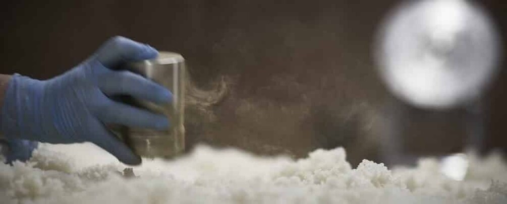 A gloved hand holding a metallic object over a snowy surface. 5