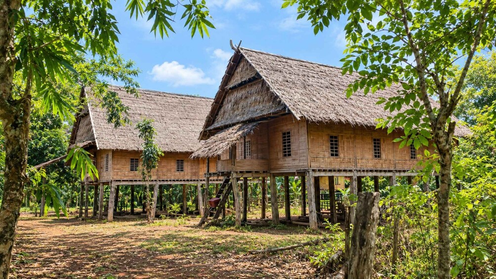 A traditional wooden house with a thatched roof, elevated on stilts, surrounded by lush greenery. 2