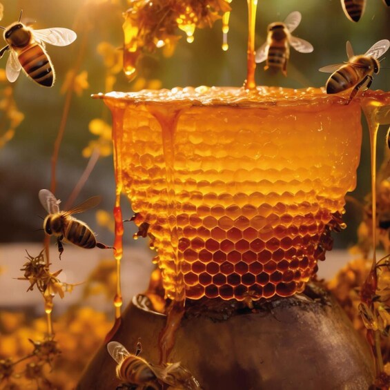 A honeycomb with bees around it. 4