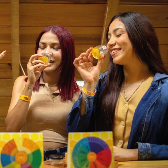 Two people holding glasses of a yellow beverage, with a colorful wheel in the foreground. 5