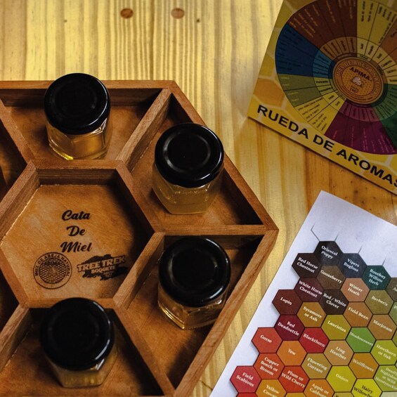 A wooden tray with jars labeled 'Cata De Miel,' a color wheel of aromas, and a hexagonal chart with various plant names. 3