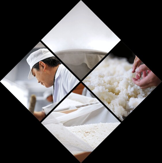 A person wearing a white chef's hat and a white shirt, working with rice. 3