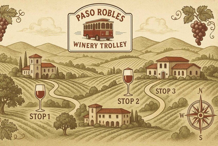 A vintage-style map of Paso Robles Winery Trolley with three stops, vineyards, and a compass rose. 5