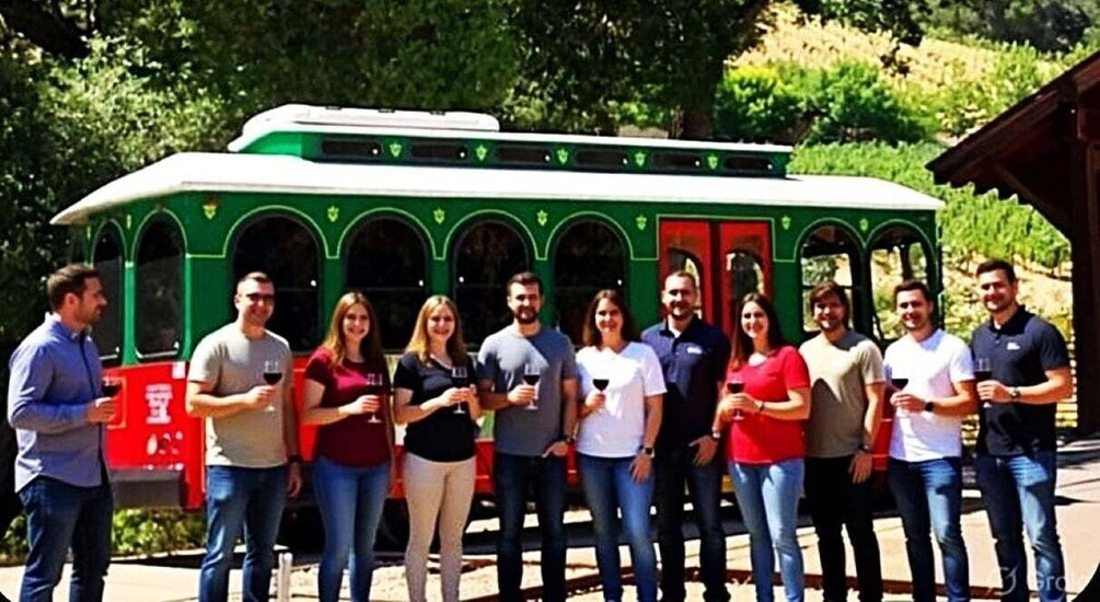 A group of people standing in front of a green and red trolley. 1