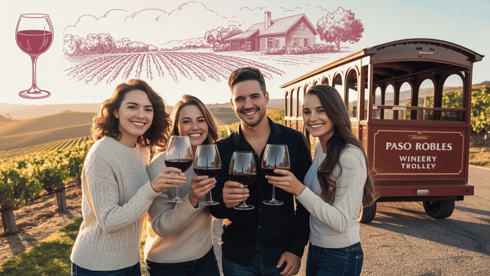 A group of people toasting with wine glasses, a vintage trolley, and a vineyard landscape. 3