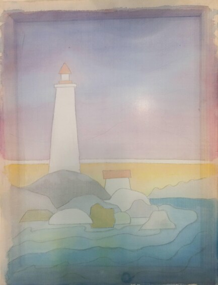 A lighthouse on a rocky outcrop with a calm sea in the foreground and a pastel sky. 4