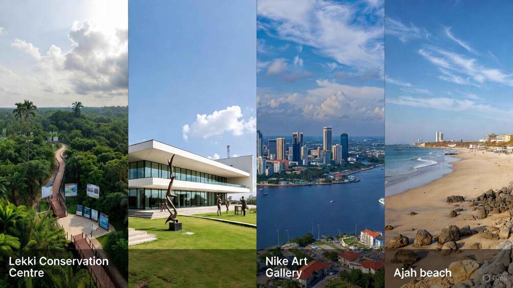 A conservation center, a modern art gallery, a city skyline, and a beach. 2