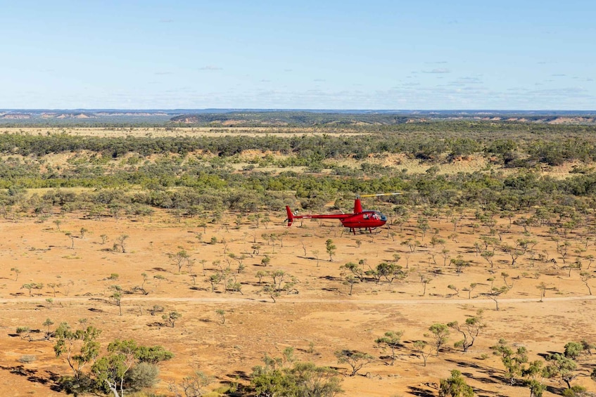 A red helicopter in a desert landscape with sparse vegetation. 2
