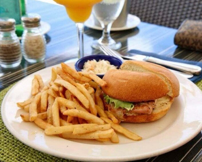 A plate with a sandwich and French fries, a glass of orange juice, and salt and pepper shakers on a table. 5