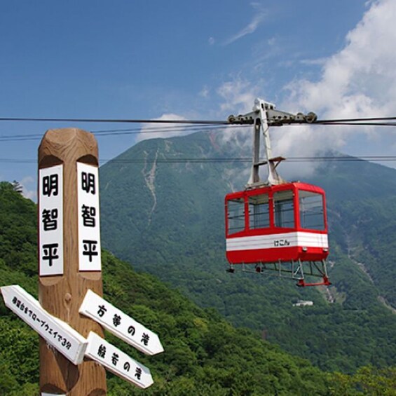 A cable car suspended above a mountainous landscape with directional signs. 5
