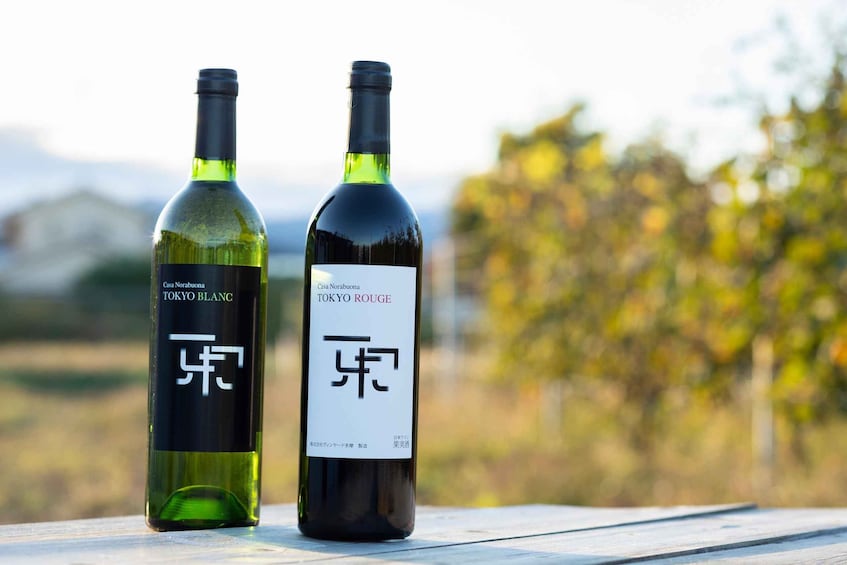 Two wine bottles, one labeled 'TOKYO BLANC' and the other 'TOKYO ROUGE,' placed on a wooden surface with a blurred natural background. 3