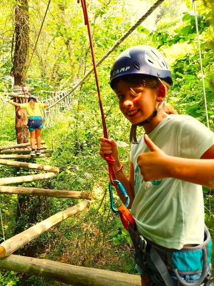 A person on a rope bridge in a forest. 5