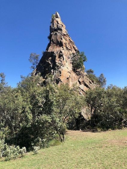 A large rock formation with trees in the foreground. 1