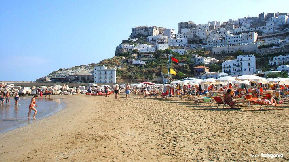 A crowded beach with people sunbathing and swimming, a rocky shoreline, and buildings on a hillside in the background. 5