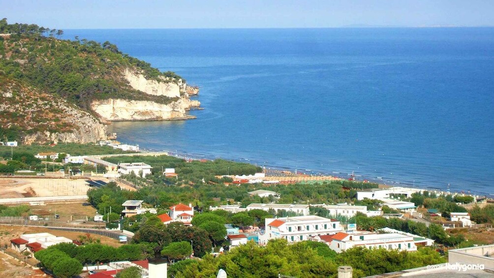 A coastal town with buildings, a beach, and cliffs. 2