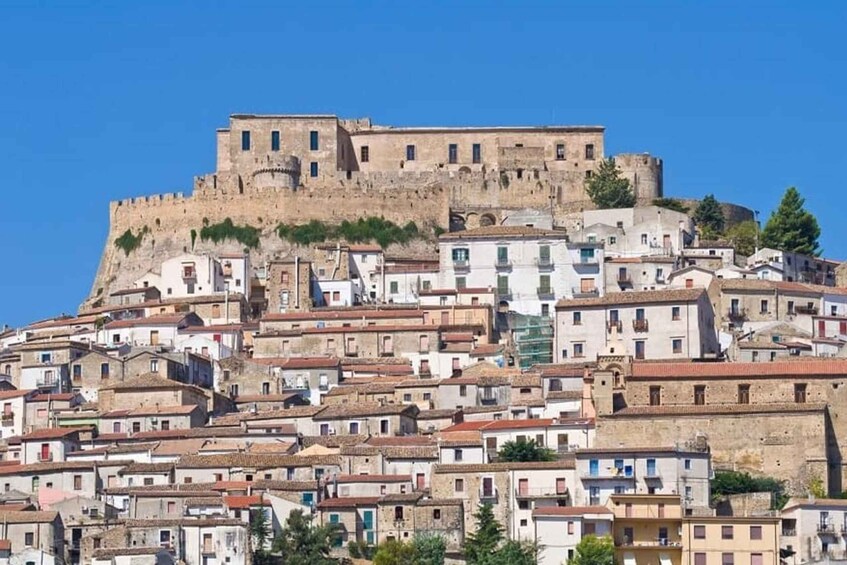 A historic town with a prominent castle on a hill, surrounded by densely packed buildings with red-tiled roofs. 2