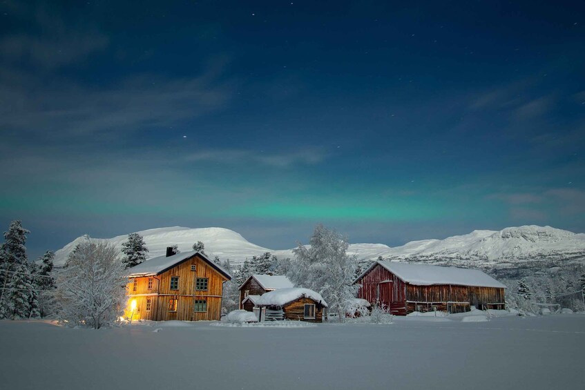 A snowy landscape with two wooden houses and a mountain in the background. 1
