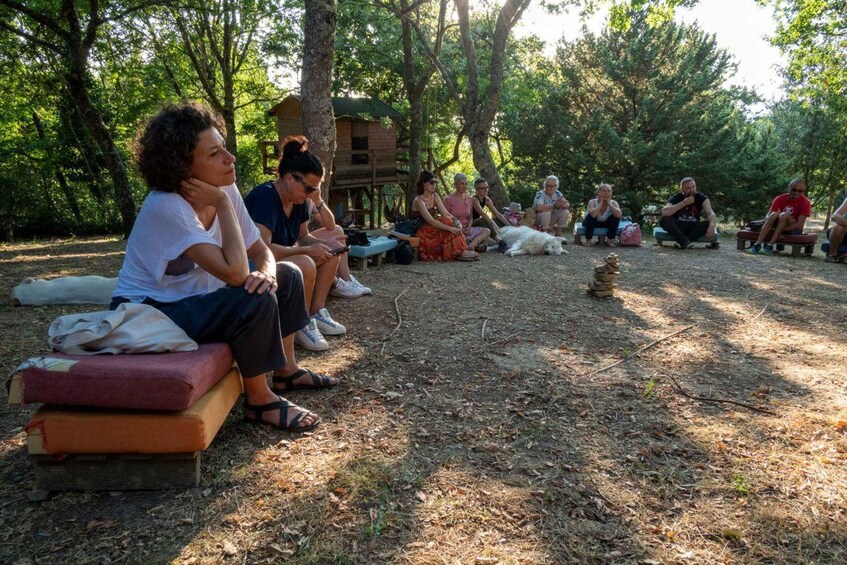 A group of people sitting on benches in a wooded area with trees and a small wooden structure in the background. 3