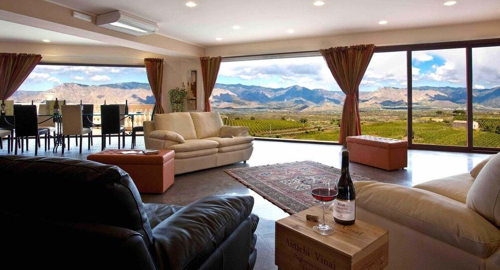A living room with a mountain view, leather sofas, a dining area, and a wine bottle on a wooden box. 4