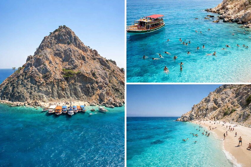 A rocky island with boats docked, clear blue waters, and people swimming. 5