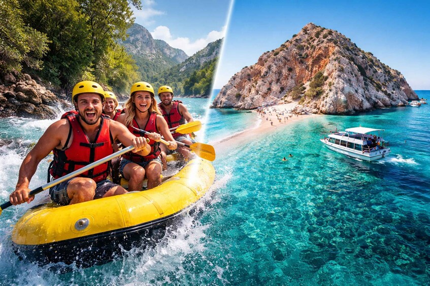 A group rafting on a river, a rocky island, and a boat on clear blue water. 1