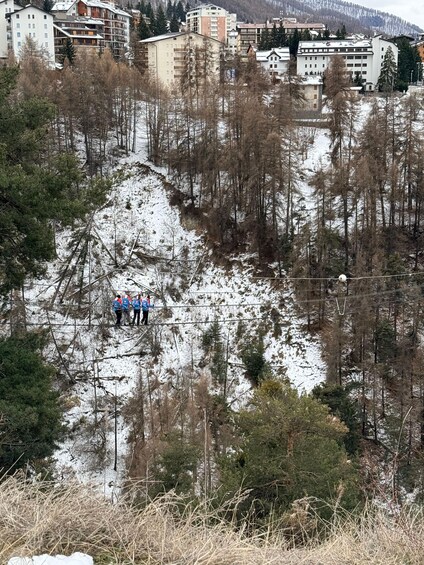 A snowy landscape with a group of people on a rope bridge, surrounded by trees and buildings in the background. 4