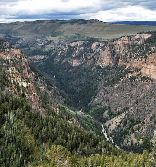 A canyon with steep cliffs, dense forests, and a river flowing through the valley. 4