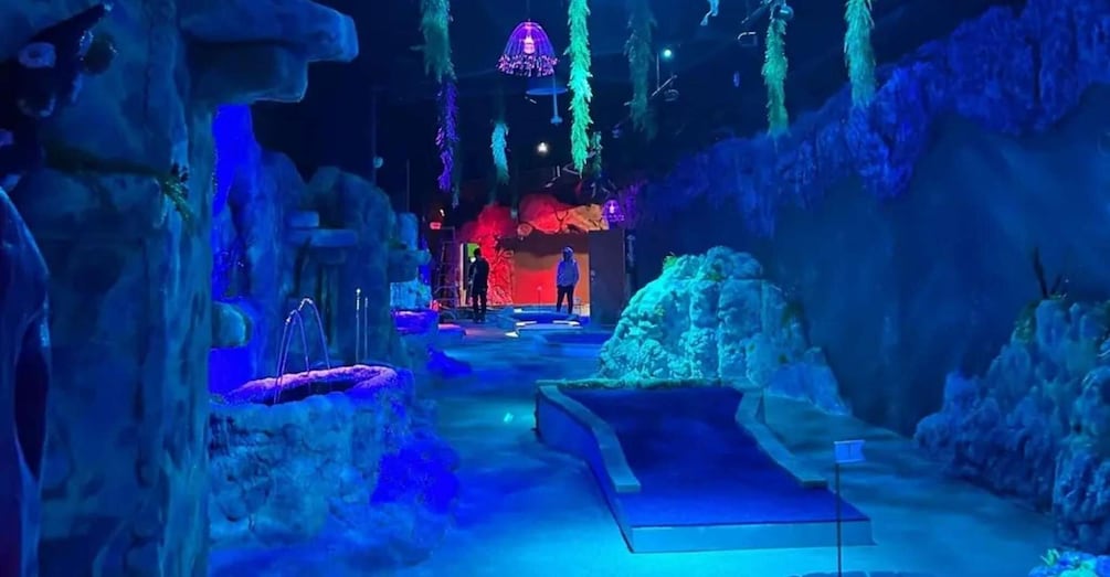 An indoor aquarium with a blue-lit environment, rocky formations, and a central viewing area. 5