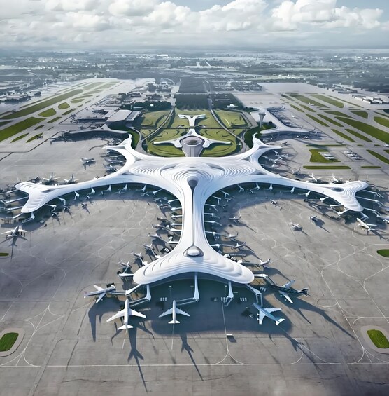An airport with a unique, futuristic terminal design and multiple runways. 1