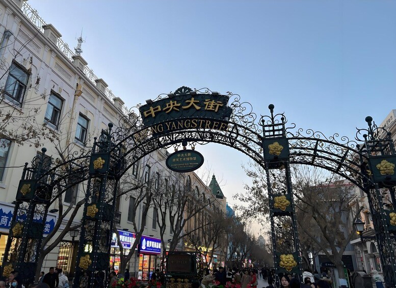 A street scene with ornate black metal gates, a clear blue sky, and buildings with traditional architecture. 4