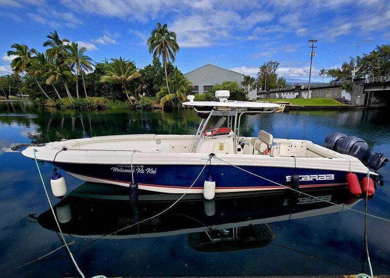 A boat named 'Malamati 22 Rhi' docked at a marina with palm trees and a building in the background. 4