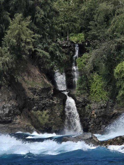 A waterfall cascading down a rocky cliff surrounded by dense greenery. 2