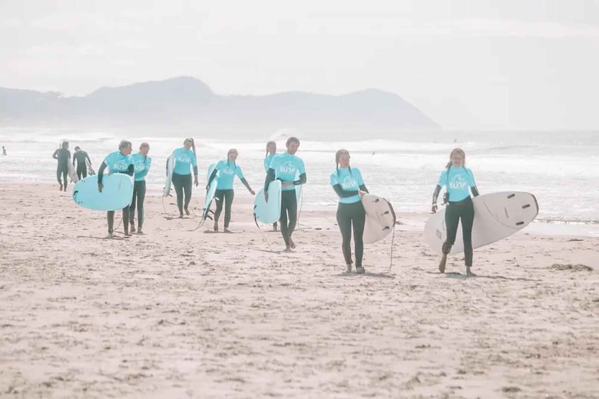 A group of people in wetsuits carrying surfboards on a beach with mountains in the background. 3